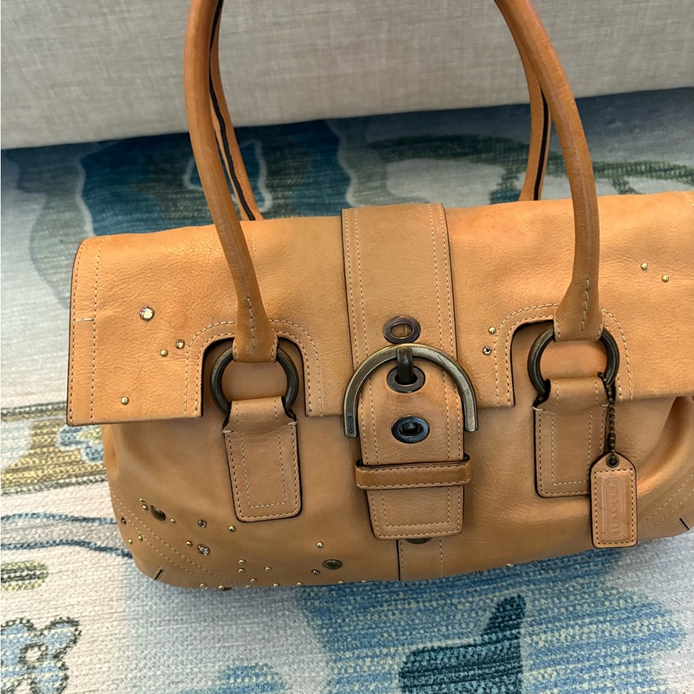 Coach Tan Leather Satchel with Stud Accents